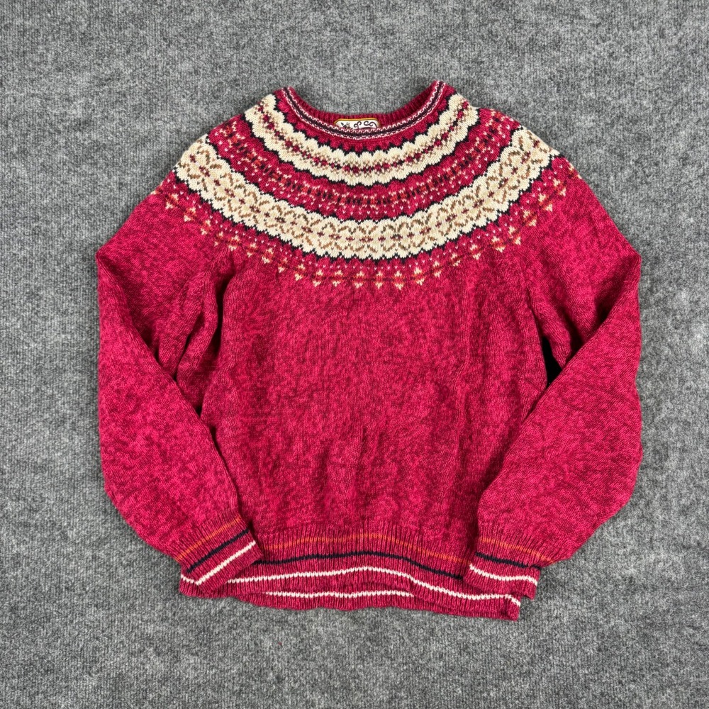 Heirloom Collectibles Sweater Womens Size L Pink Fair Isle Knit Ramie Cotton